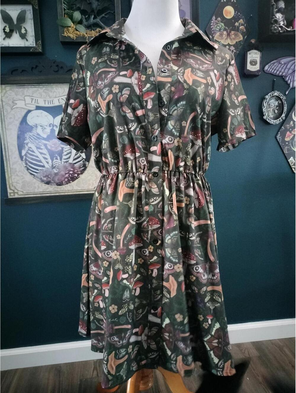 Cottagecore dark green dress with mushrooms